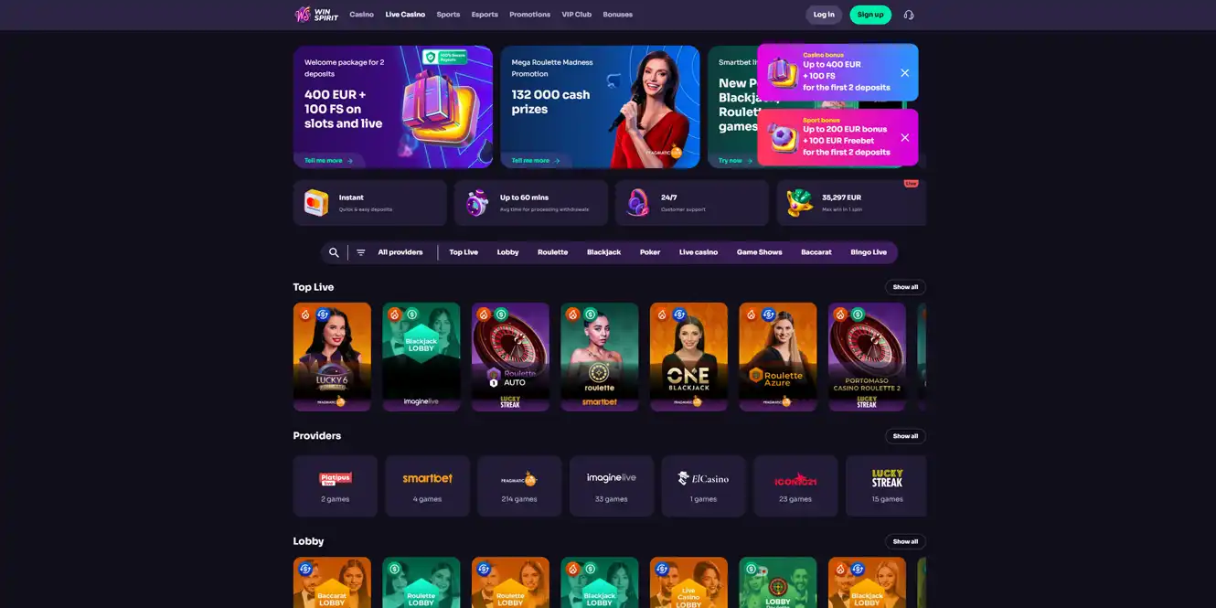 win spirit casino live games